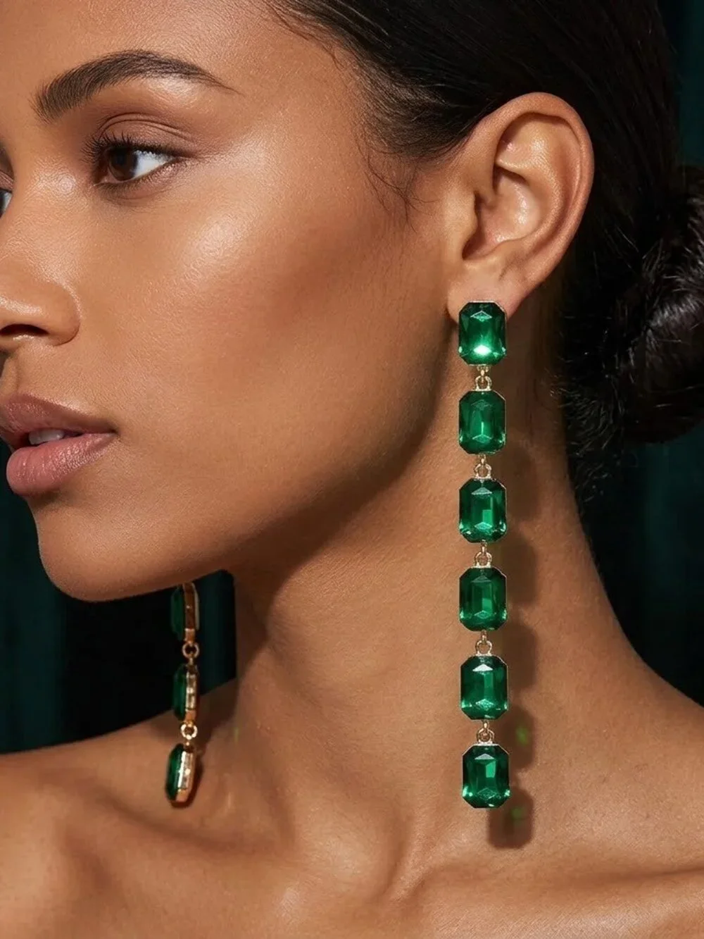 Emerald Green Party Peridot Emerald Cut Crystal Earrings 18K Gold Plated NEW